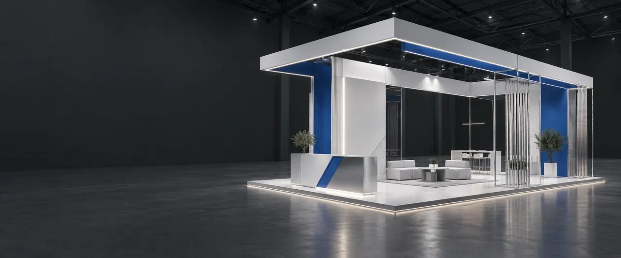 Concept rendering of a white and silver modular exhibition stand with blue accents in a dark hall