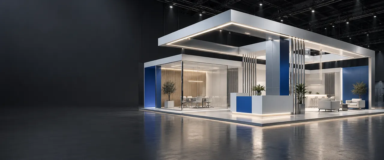 Concept rendering of a blue, white and silver exhibition stand with reception counter and meeting area