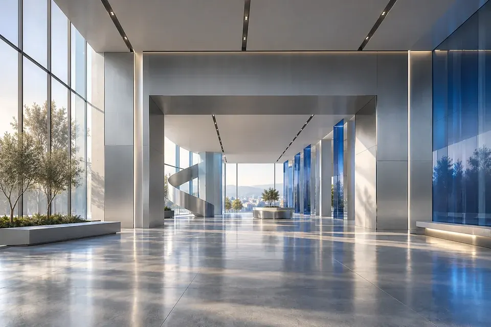 Concept view of a bright exhibition hall entrance with glass walls
