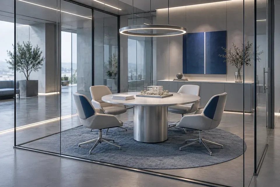 Concept view of a glass meeting room with a round table and chairs