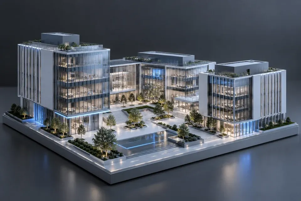 Concept model of an office building complex on a white base