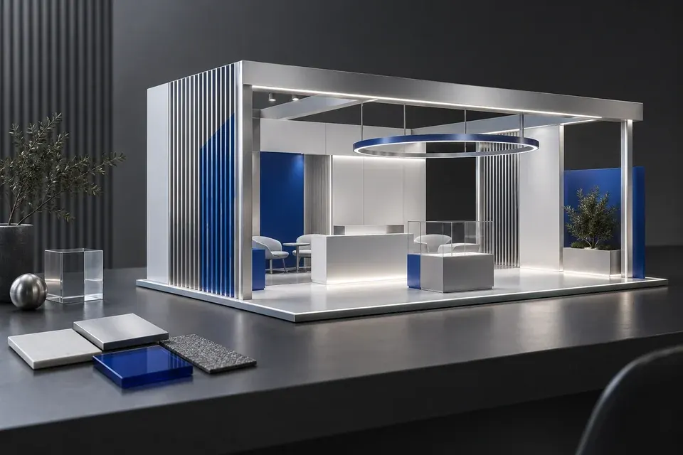 Concept model of a modular exhibition stand on a desk