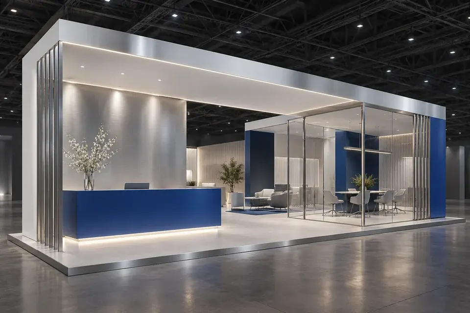 Concept view of an open exhibition stand with reception counter